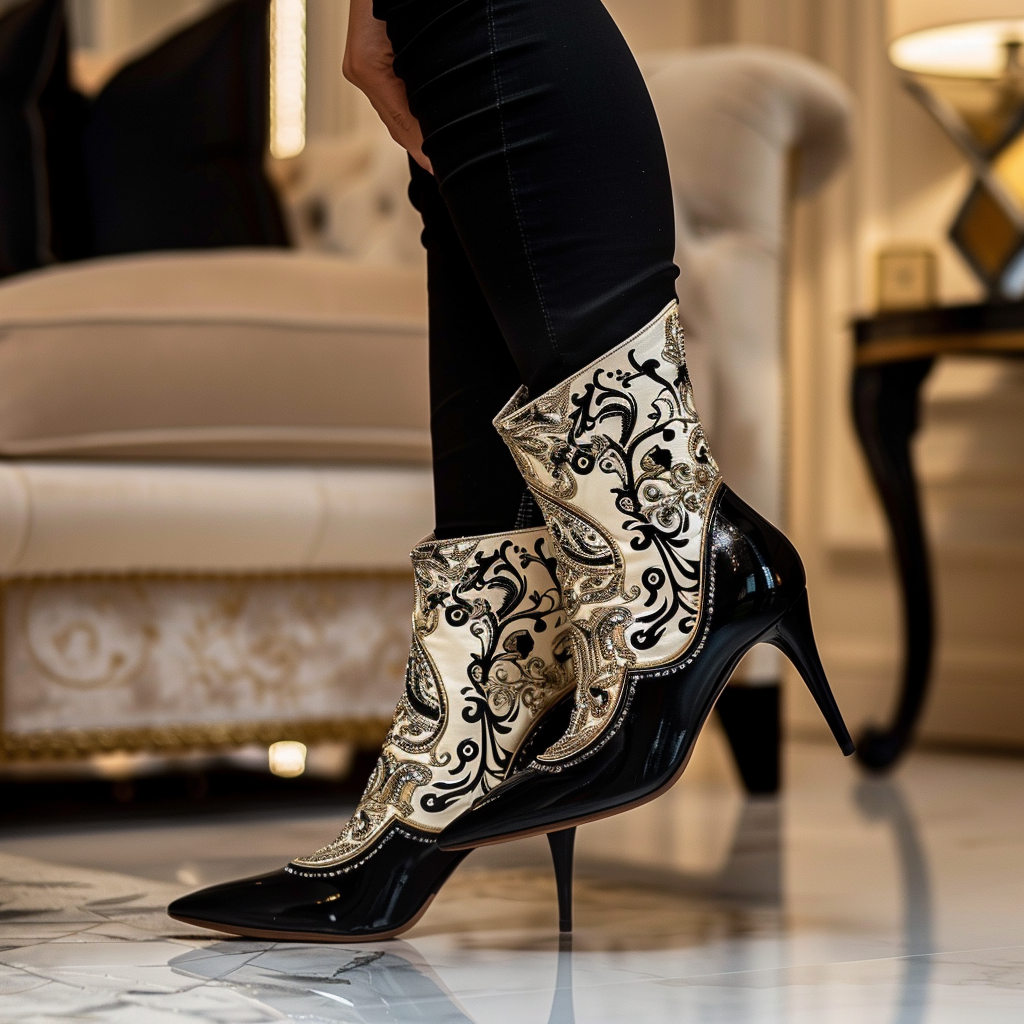 Illustration de bottines à talons noires et dorées avec motifs baroques